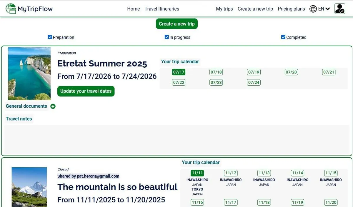Automatic generation of travel calendar