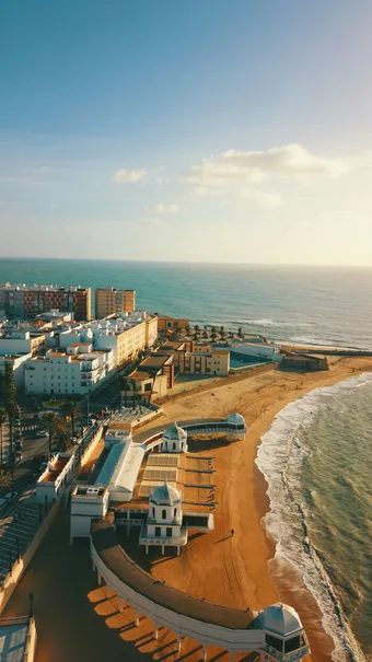 Bord de mer de Cadix avec sa plage dorée et ses pavillons balnéaires emblématiques, face à l’océan Atlantique.