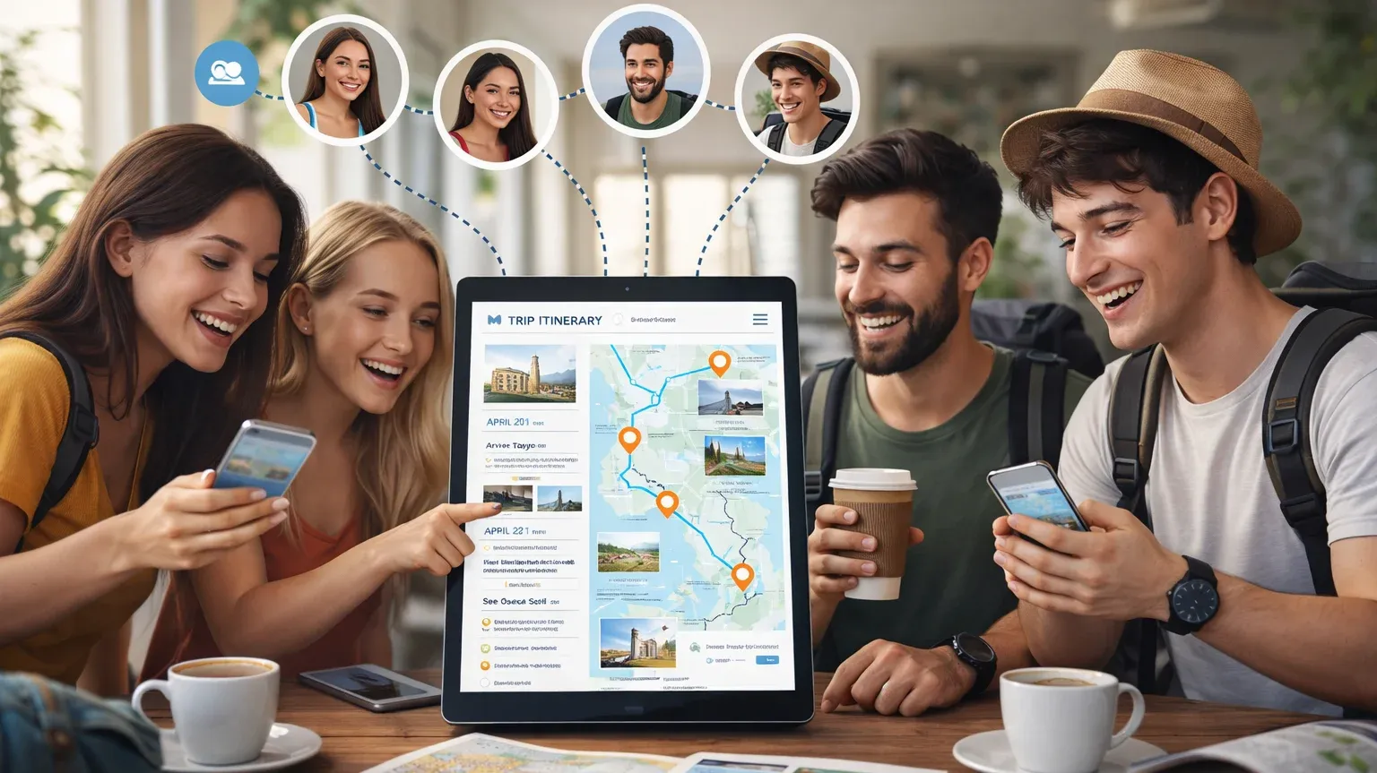 Group of travelers gathered around a tablet sharing a collaborative travel itinerary with schedule and interactive map
