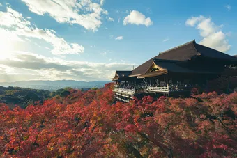 Kiyomizu-dera is a famous temple in Kyoto, built on wooden terraces along a hillside. It is renowned for its panoramic views over the city and the autumn maple trees.