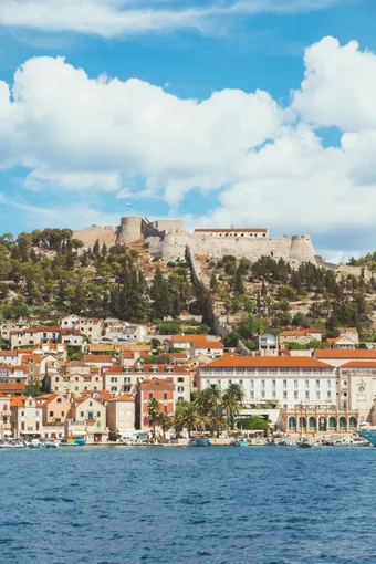 Scenic view of the historic fortress above Hvar town on the Adriatic Sea, Croatia.