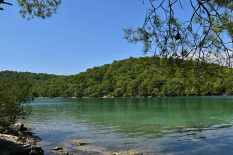 The saltwater lakes of Mljet National Park, Veliko and Malo Jezero, are connected to the Adriatic Sea by narrow natural channels. Their calm, slightly saline waters create a unique ecosystem set within a well-preserved forest landscape.