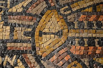 Reproduction of the Madaba Map showing the Damascus Gate, 6th century AD floor mosaic in the early Byzantine church of Saint George at Madaba containing the oldest surviving original cartographic depiction of the Holy Land and especially Jerusalem