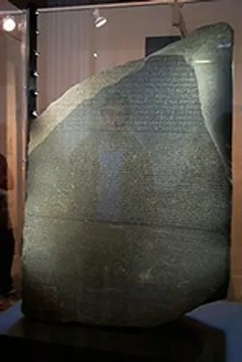 The Rosetta Stone is a granodiorite stele discovered in Egypt in 1799, inscribed with the same text in hieroglyphic, Demotic, and Ancient Greek. It enabled Champollion to decipher hieroglyphs, unlocking the understanding of ancient Egyptian civilization.