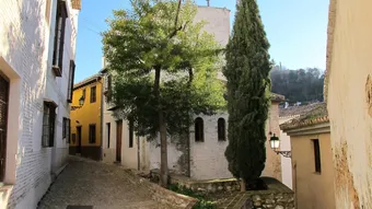 Ruelle paisible de l’Albaicín à Grenade, quartier historique aux maisons blanches héritées de l’époque mauresque. Leurs murs chaulés, leurs patios intérieurs et leurs ruelles étroites reflètent l’architecture traditionnelle andalouse.