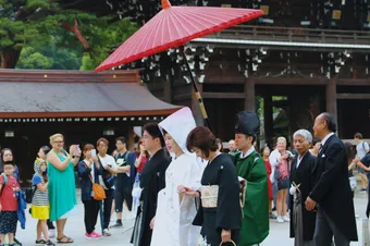 A traditional Japanese wedding procession at Meiji Shrine in Shibuya, Tokyo.