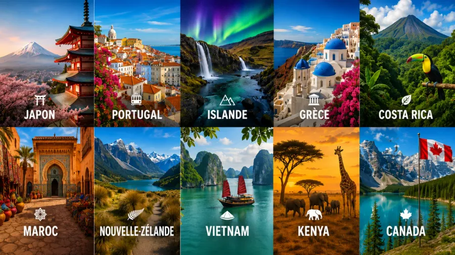 Mosaïque de voyage au format 16:9 représentant dix destinations emblématiques : Japon, Portugal, Islande, Grèce, Costa Rica, Maroc, Nouvelle-Zélande, Vietnam, Kenya et Canada, avec paysages iconiques, monuments, nature et faune dans un style coloré et immersif.