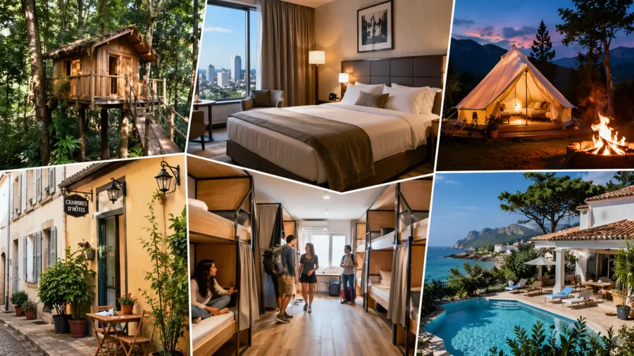 Montage réaliste montrant différents types d’hébergements de voyage entremêlés : cabane dans les arbres, chambre d’hôtel moderne, tente de glamping en pleine nature, auberge de jeunesse avec lits superposés, chambre d’hôtes et villa avec piscine en bord de mer.
