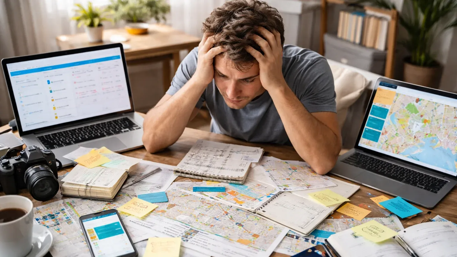 Stressed man surrounded by maps, documents, laptop and smartphone, overwhelmed by complex travel planning using scattered tools