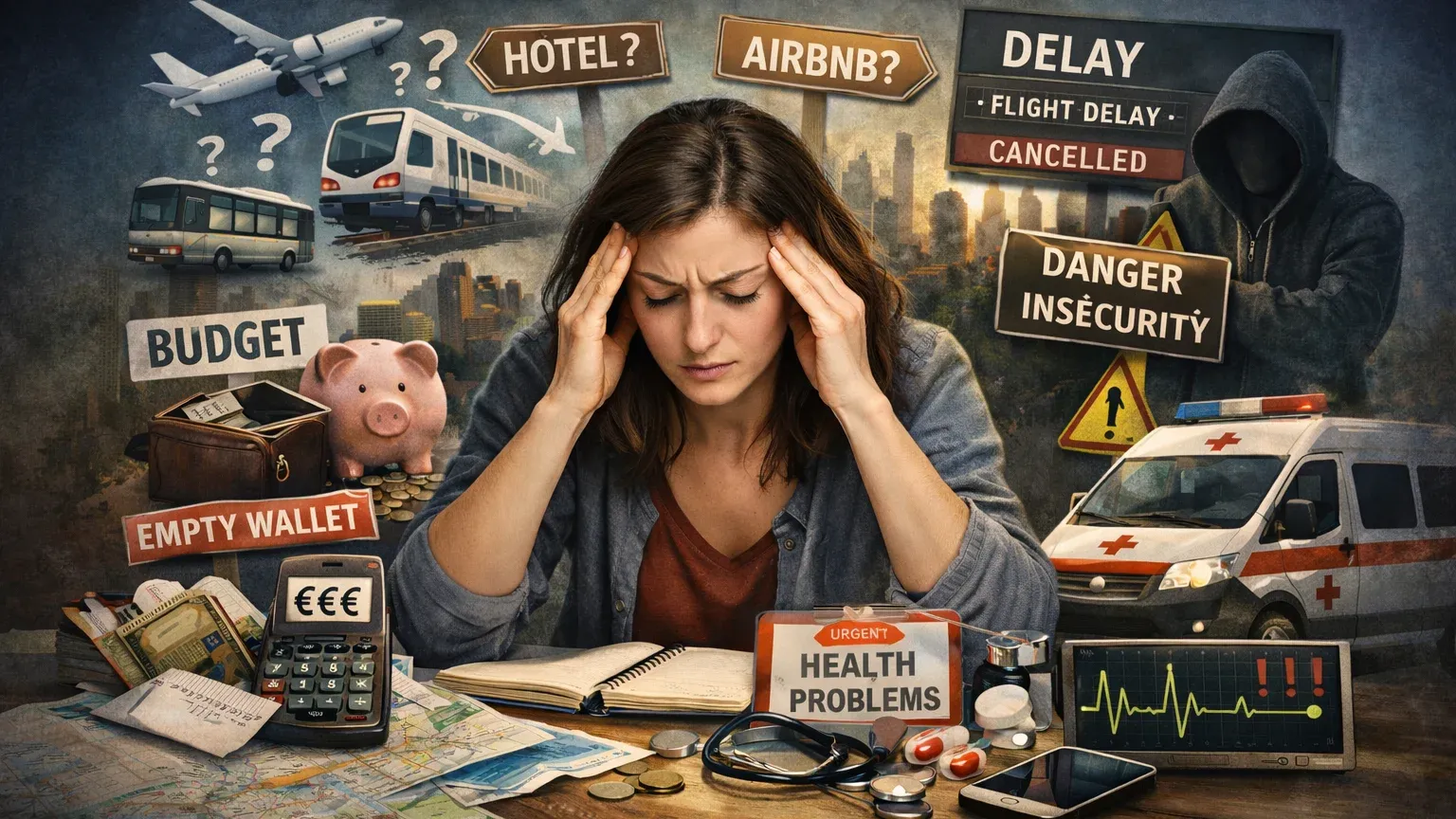Stressed person planning a trip, surrounded by sources of anxiety: transport and accommodation choices, tight budget, flight delays, safety concerns, and health issues, with empty space at the top and bottom of the image.