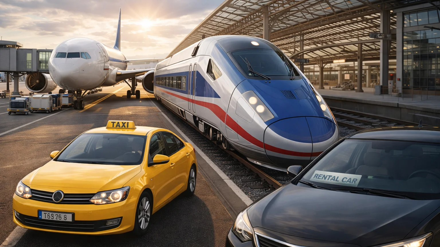 Airplane, high-speed train, taxi, and rental car aligned in a transport hub illustrating different options to optimize travel transportation