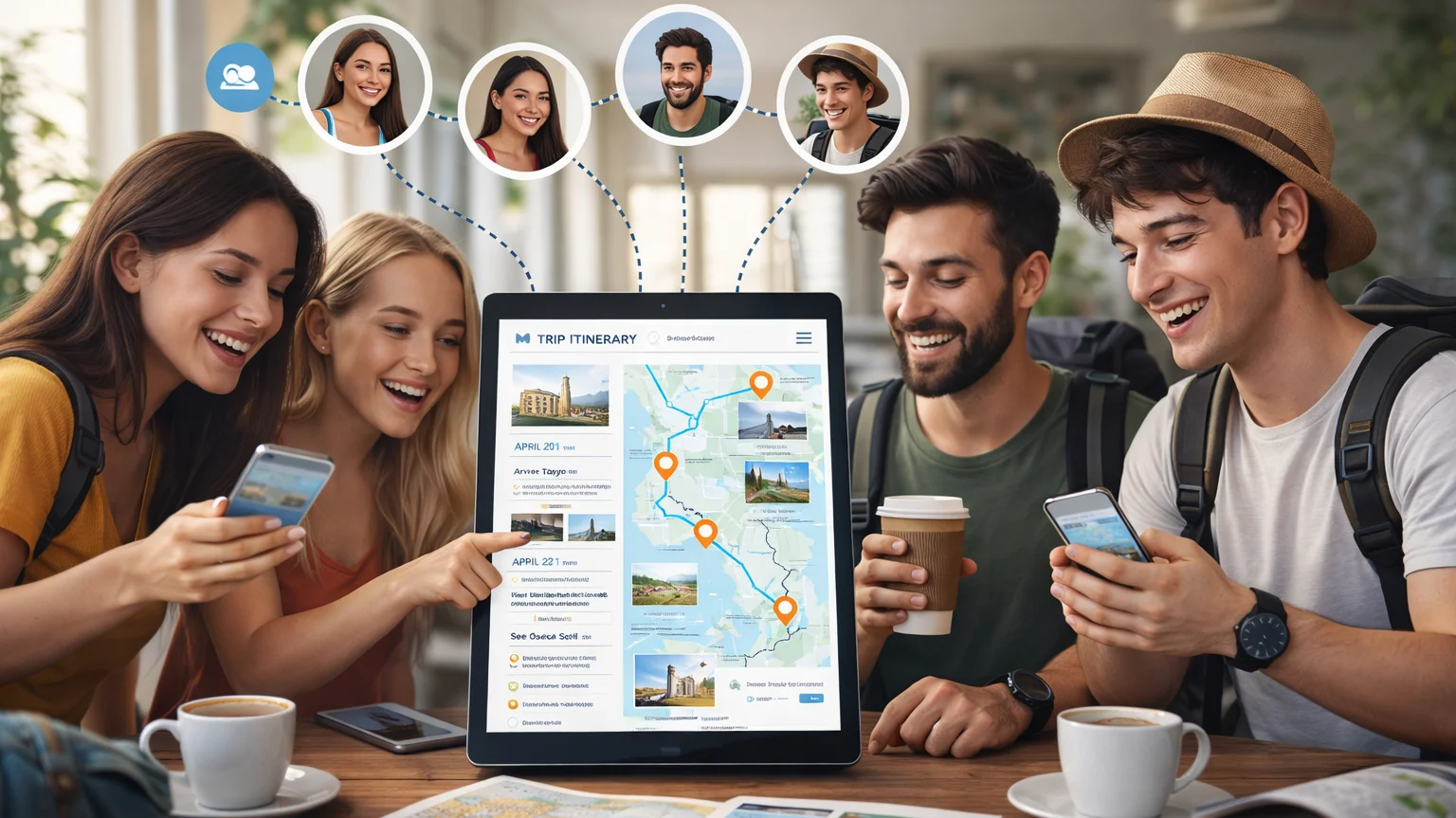 Group of travelers gathered around a tablet sharing a collaborative travel itinerary with schedule and interactive map