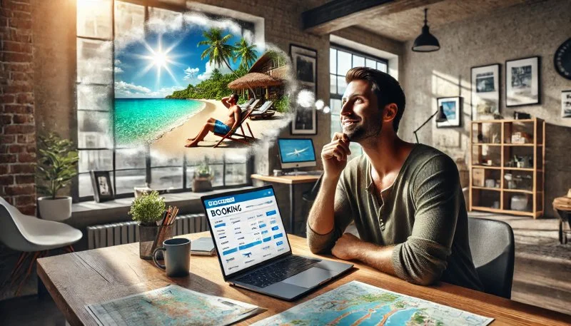 Man engaged in booking travel accomodations and transportation tickets for his travel.