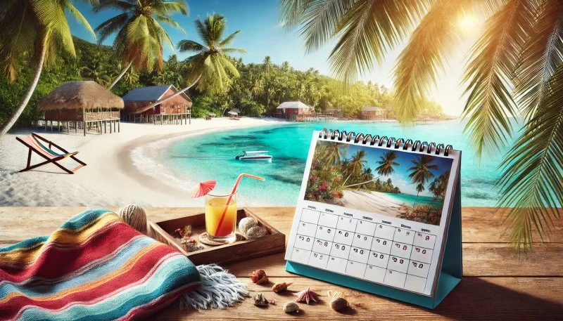 A travel calendar surrounded by a paradisiacal travel destination