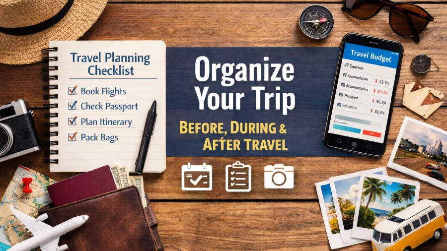 Travel planning checklist with notebook, smartphone showing a travel budget, passport, camera and travel accessories used to organize a trip before, during and after travel.